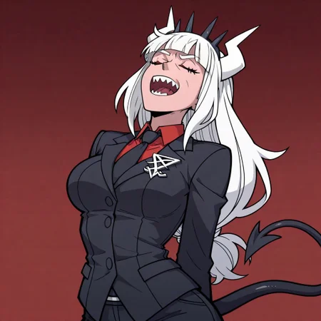 masterpiece, best quality, newest, absurdres, highres, anime, anime style, JJJlaughV1.1 laugh, head leaning back, open mouth, closed eyes, head leaned back, leaned back, 1girl, lucifer \(helltaker\), black suit, red necktie, black collared shirt, black gloves, blunt bangs, demon horns, demon girl, demon tail, sharp teeth, red eyes, white hair, long hair