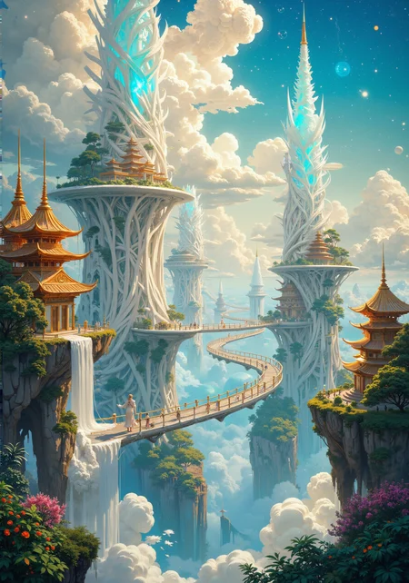 Celestial megastructure of interwoven pearl-hued ribbons, forming immense suspended gardens. Translucent crystal domes house ethereal flora, bathed in soft aurora borealis light. Cascading waterfalls of liquid starlight connect floating islands adorned with ornate golden pagodas. Angelic beings with luminous wings traverse graceful arched bridges of iridescent alloy. Spiral staircases of polished moonstone ascend to lofty observation spheres offering panoramic views of the cosmic tapestry. Holographic mandalas pulsate with divine energy, casting prismatic reflections across the utopian expanse. Ornate filigree spires pierce diaphanous cloud layers, their tips glowing with sacred radiance. 16k resolution, divine masterpiece, intricate holiness, awe-inspiring aerial perspective. <lora:dreadmirth-art-style:0.2> <lora:Organic Sauce - FLUX:0.4> <lora:It's a LoRA for portraits, BUT! actually specialized in backgrounds. v1.0:0.5> <lora:artilands:0.2> <lora:flux_dev:1>