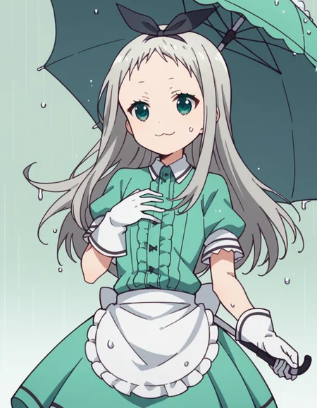 score_9, score_8_up, score_7_up, source_anime, <lora:hideri-kanzaki-s1-ponyxl-lora-nochekaiser:1>, hideri kanzaki, long hair, bow, green eyes, hair bow, grey hair, male focus, hairband, black hairband, otoko no ko, forehead,, gloves, dress, short sleeves, frills, puffy sleeves, white gloves, apron, puffy short sleeves, waist apron, white apron, frilled apron, waitress,, rainy day, umbrella, walking home, puddles, wet hair, smile, , arm across chest, knee forward, hand clenched, solo,, cowboy shot, dutch angle