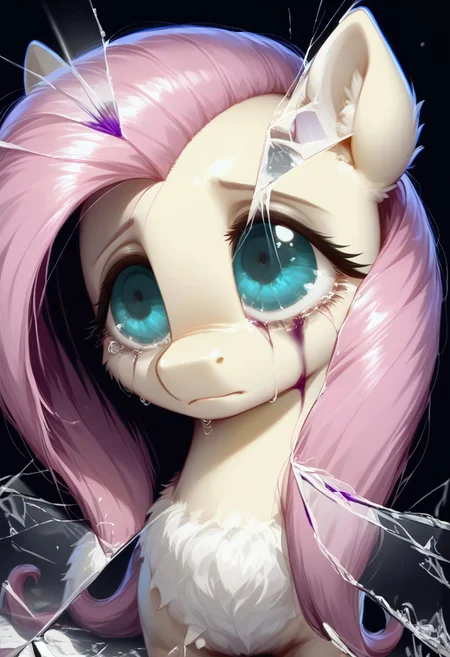 rating_questionable, score_9, score_8_up, score_7_up, pony, feral, fluttershy, reflection, Broken glass, dark theme, moody, bags under eyes, depressed, purple blood, scars, charming eyes, small tears, detailed, realistic, BREAK, zPDXL3, MegaFluffyPony, fluffy, shiny,