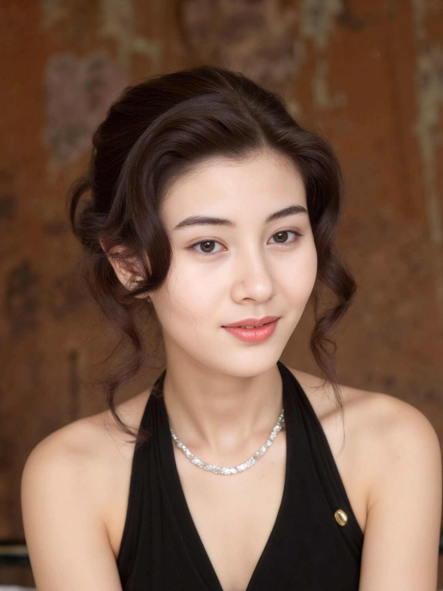 This is a highly detailed photograph featuring a young Asian woman with fair skin and dark, wavy hair styled in an elegant updo. She has a slender build and is wearing a sleeveless, black dress with a halter neckline, adorned with a single gold button near the chest. Her makeup is subtle, highlighting her delicate features, and she wears a sparkling silver necklace. The background is a blurred, abstract mix of warm tones, suggesting a studio setting with soft, diffused lighting. The camera angle is slightly above eye level, focusing on her upper body, and the composition uses the rule of thirds to draw attention to her face and upper chest. The image exudes a timeless, sophisticated vibe.