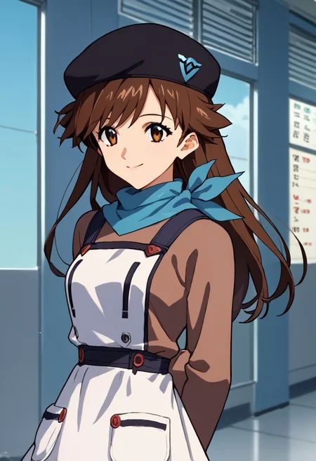 score_9, score_8_up, score_7_up, source_anime, rating_safe, intricate details, anime screencap, official style, 1girl, sakura, brown hair, brown eyes, long hair, blue scarf, black beret, black pants, brown shirt, white apron, smile, airport terminal background, hands behind back,