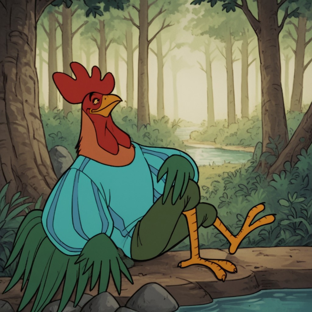 score_9, score_8_up, score_7_up, score_6_up, score_5_up, score_4_up, source_furry, Alan-A-DaleRH, semi-anthro, male, rooster, bird, feathers, green winged arms,striped shirt, puffy sleeves, green pants,, green tail, brown body, outside, lying, on a rock, in a forest, solo, 1boy,  red hair