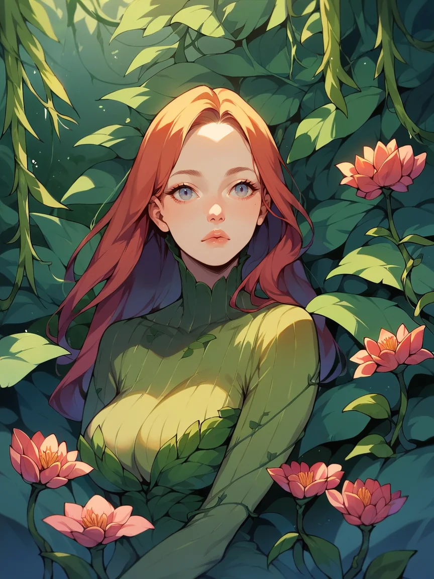 <lora:gr33nXLP:1> gr33n, solo, 1girl, long hair, plant, flower, score_9, score_8_up, score_7_up, score_6_up, vines, curvy,