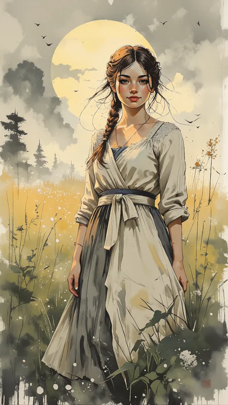 High-resolution semi-realistic illustration, painterly textures with soft, atmospheric lighting, a young woman standing in an open field at dawn, surrounded by thick morning mist, the golden rays of the rising sun breaking through the haze. Her long, chestnut-brown hair is styled into a loose, intricate crown braid, wisps escaping to frame her serene face, her deep hazel eyes reflecting the quiet beauty of the moment. Her expression is peaceful, lips slightly curved in a gentle, dreamy smile as she takes a deep breath of the crisp morning air. She wears a long, flowing linen dress with delicate lace sleeves, cinched at the waist with a silk ribbon, the fabric catching the soft breeze. Dewdrops cling to the tall grass around her, distant silhouettes of trees barely visible through the mist, while birds stir in the golden light, their faint songs adding to the tranquil stillness of the scene. Painterly warm golds, soft grays, and muted greens, evoking a dreamlike, ethereal, and deeply calming atmosphere <lora:RM_Illustrify_v1.0M:0.8> <lora:aidmaMJ6.1-FLUX-v0.5:0.8> <lora:Mystic-Fusion_v10:0.8>