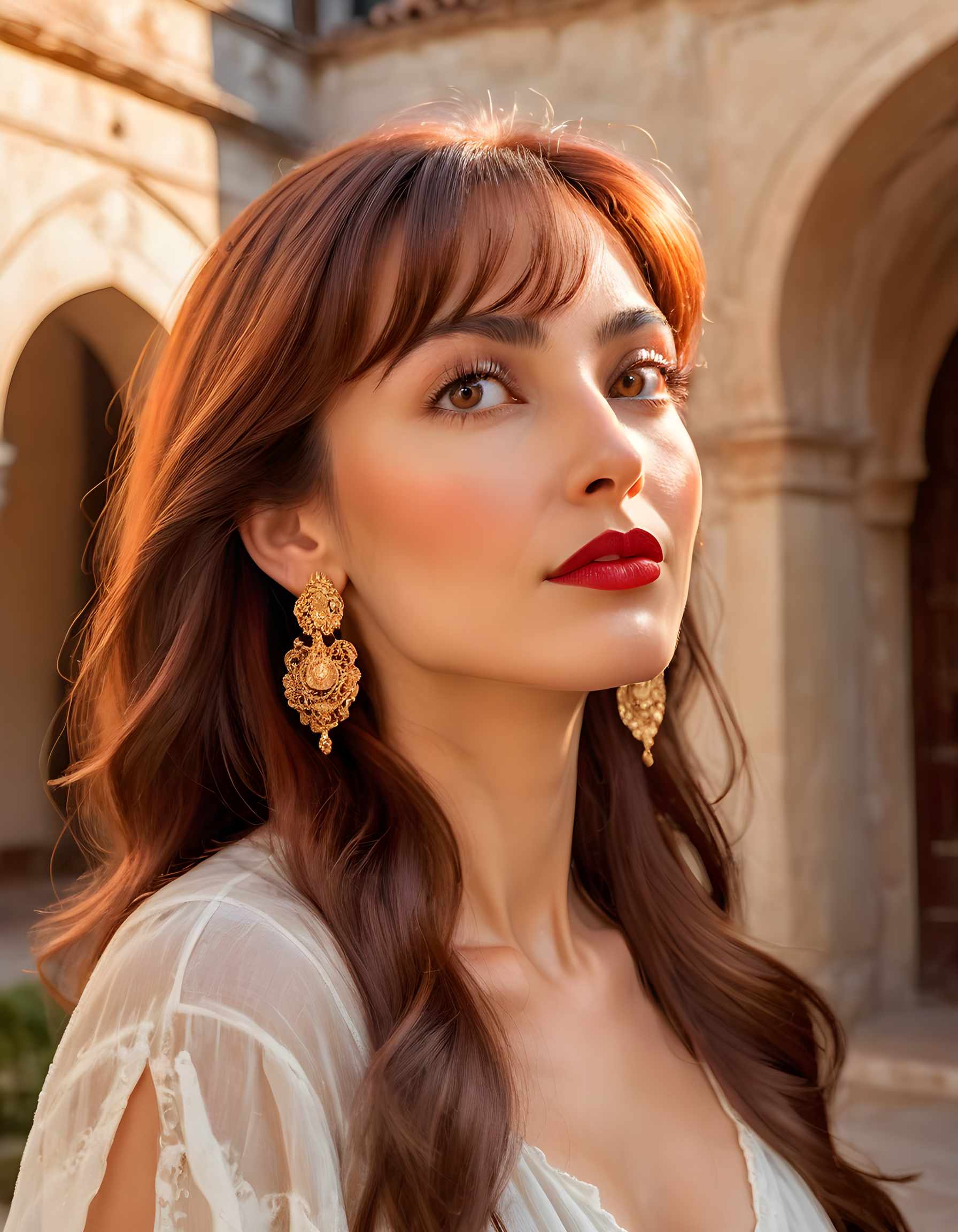 AM832RRB, In a vibrant and sun-drenched courtyard of an old Italian villa, a captivating woman with brown hair cascading down her shoulders and long bangs framing her expressive brown eyes, adorned with elegant earrings and a subtle yet stylish red lipstick, strikes a thoughtful pose. She faces the camera directly, her hand subtly touching her chin, creating an intriguing expression that invites the viewer to delve deeper into her soul. The warm golden light from the setting sun filters through the archway behind her, casting a gentle glow on her face and emphasizing the textures of her hair and clothing, adding a sense of depth and mystery to the otherwise serene and idyllic scene.