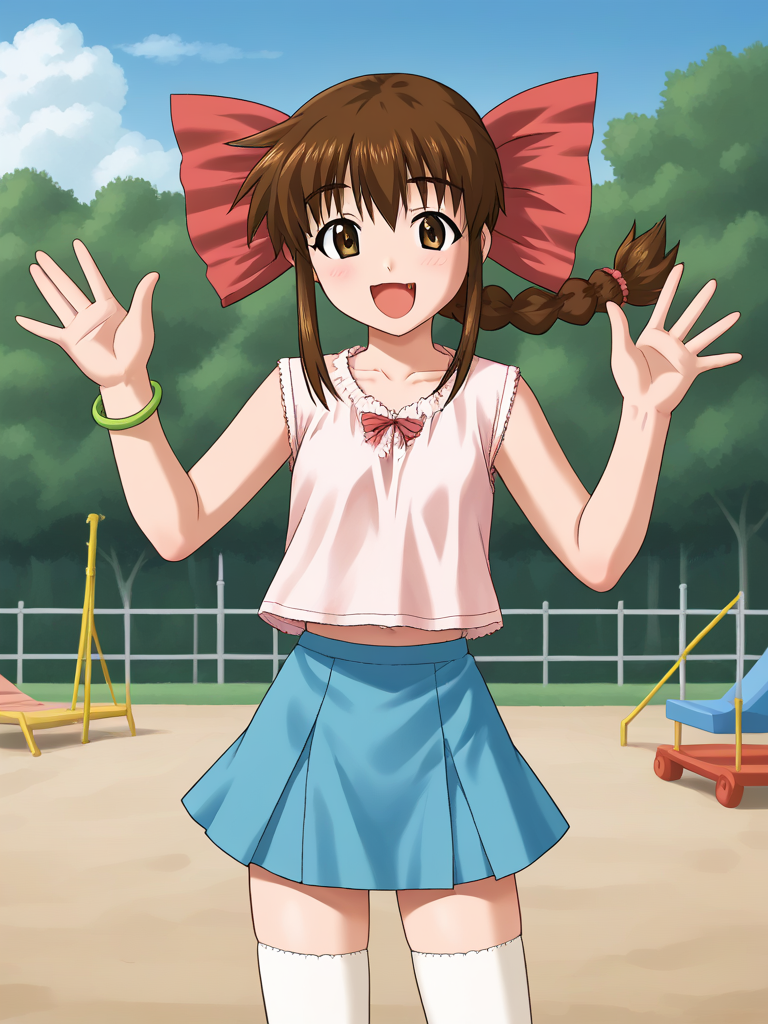 1girl, solo, tamaovgrebirth, brown hair, braided ponytail, pink bow, hair bow, brown eyes, shirt, sleeveless, green bracelet, blue skirt, white thighhighs, outdoors, playground, waving, open mouth, fang, smile, standing, cowboy shot