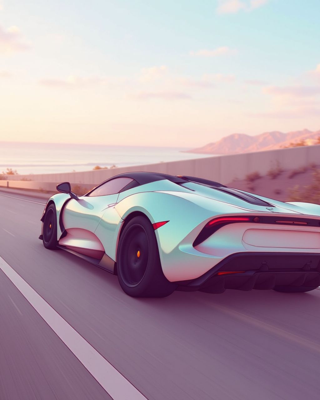 <lora:soranamae-style-flyx-v2:1.8>
A streamlined sports car glides along an empty coastal road; bodywork reflects pastel sky gradients that shift from pale aqua to blush pink, while tyres leave a faint luminous trail that quickly fades. Dynamic low rear-quarter angle, slight motion blur. Mood: dreamlike speed and serene freedom. soranamae style.