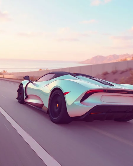 <lora:soranamae-style-flyx-v2:1.8>
A streamlined sports car glides along an empty coastal road; bodywork reflects pastel sky gradients that shift from pale aqua to blush pink, while tyres leave a faint luminous trail that quickly fades. Dynamic low rear-quarter angle, slight motion blur. Mood: dreamlike speed and serene freedom. soranamae style.