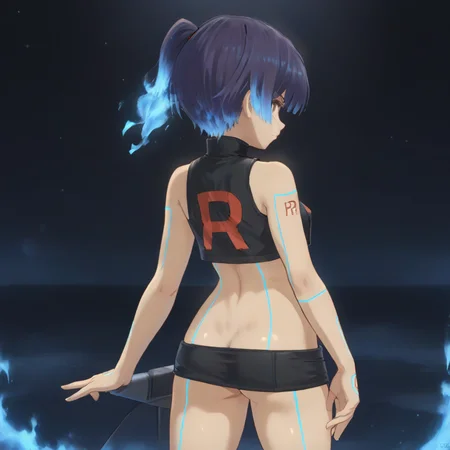 <lora:sena xl 010:1> sena, short hair, fiery hair, chest jewel, brown eyes, leg markings, thigh markings, shoulder markings, arm markings, hand markings, foot markings, back markings <lora:TMRckt:0.7> tmrckt, team rocket, team rocket uniform