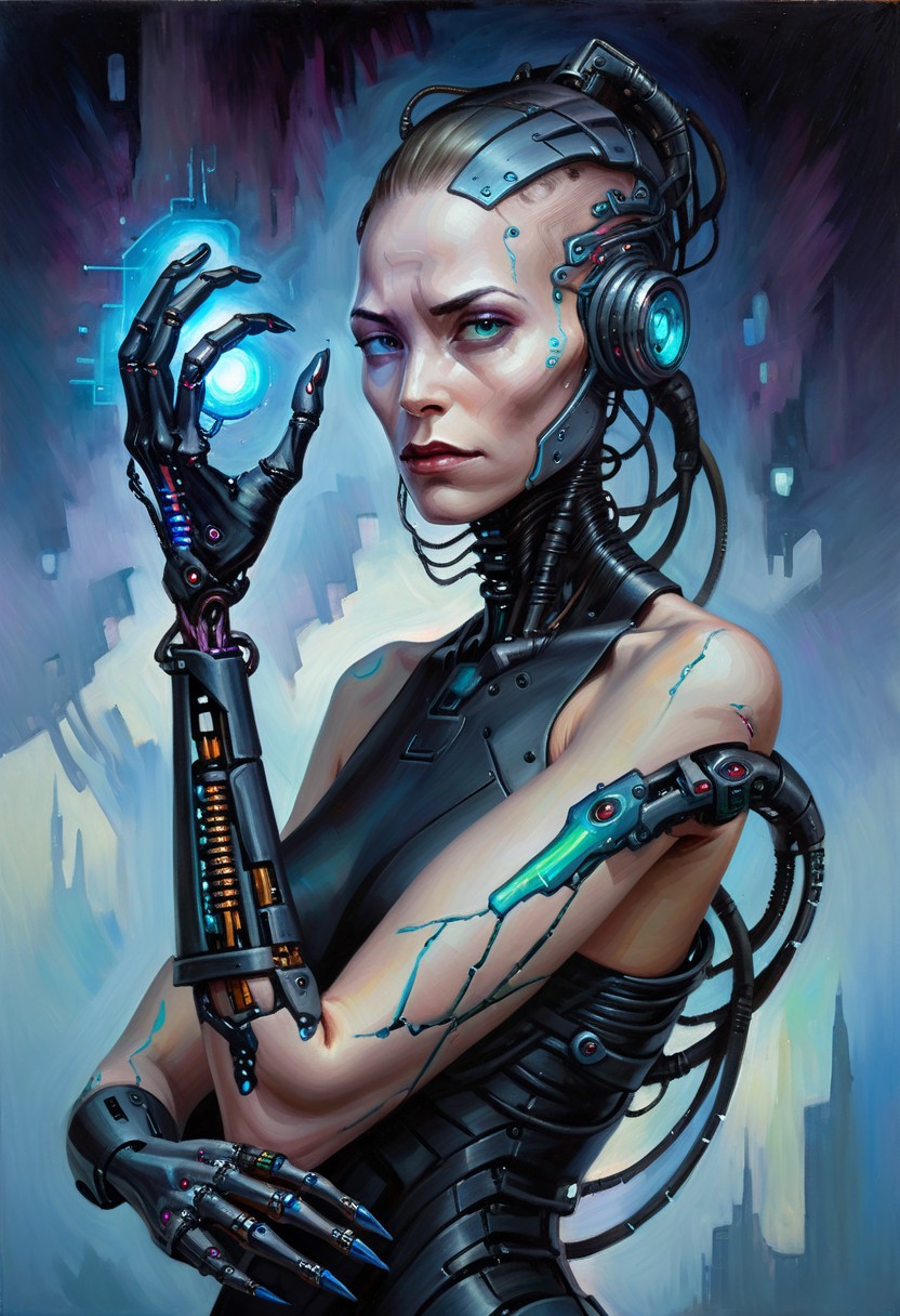 w4rh4mm3r style oil painting, grimdark, portrait of a beautiful woman with cybernetic arm