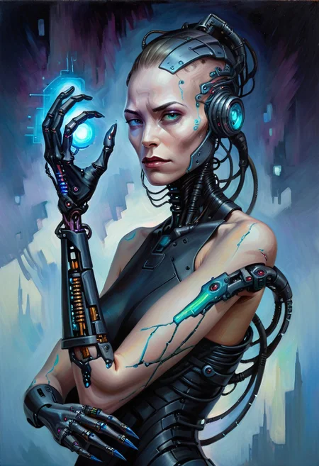 w4rh4mm3r style oil painting, grimdark, portrait of a beautiful woman with cybernetic arm