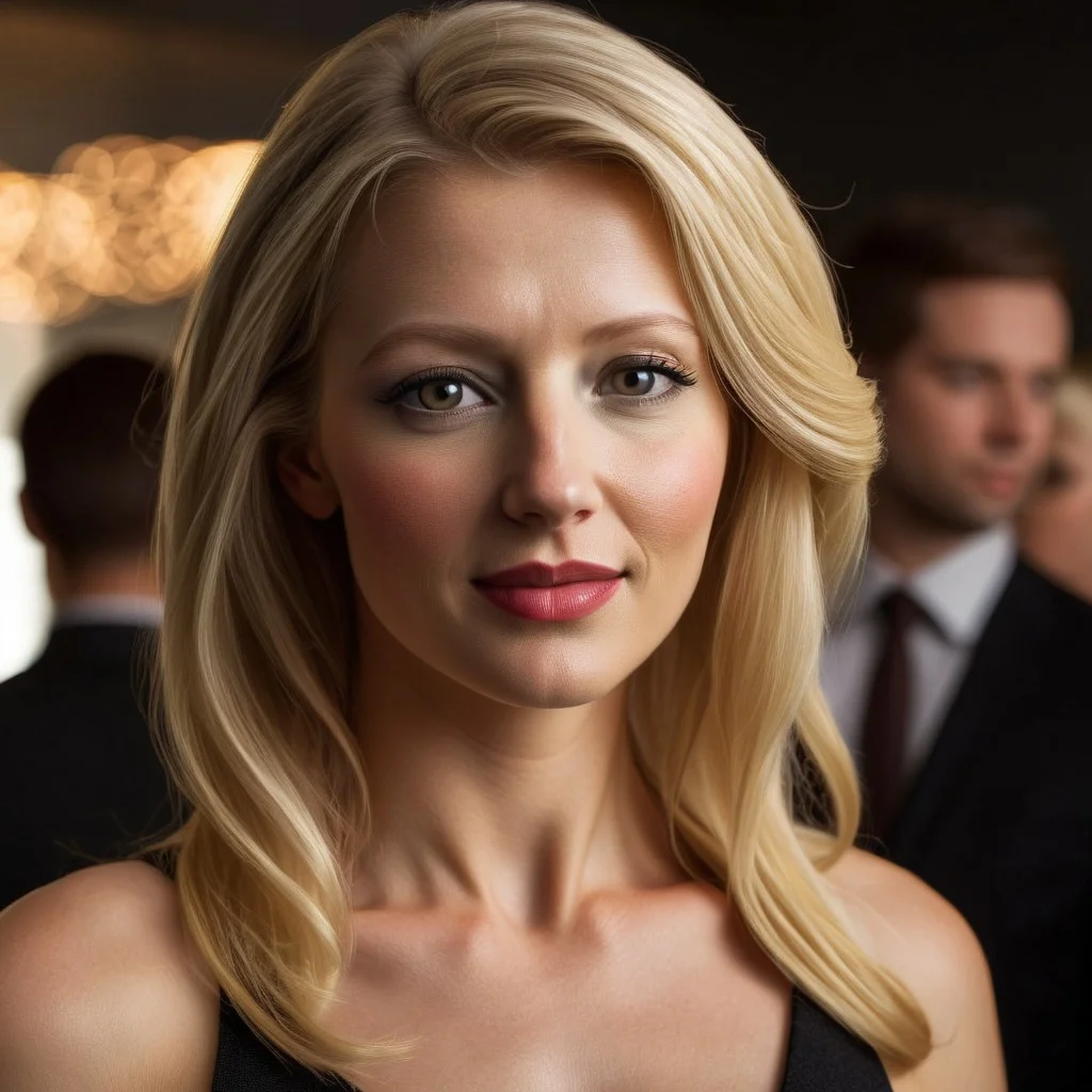 close up view of a beautiful blonde woman at an office happy hour.  she's dressed in a coctail dress. dramatic lighting. multiple people in the image
