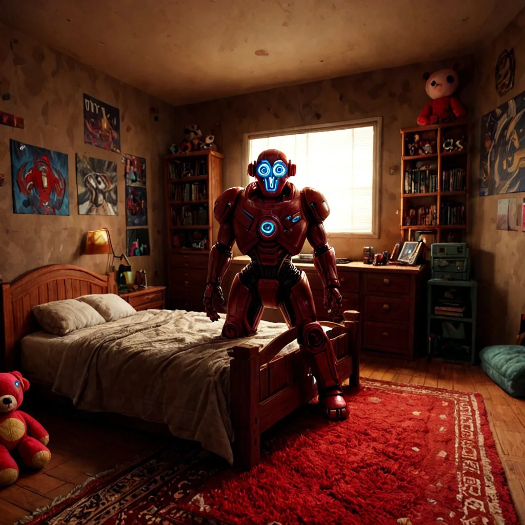This artwork draws from the Dutch Golden Age's rich palette and dark, grungy backgrounds to evoke nostalgia and decay, while its bright tea and strong shadows add depth. Influenced by Roy Lichtenstein's bold colors and distorted imagery, it features a center-stage, oversized vintage plush toy with glossy eyes and metallic arms, exuding an eerie aura from its weathered appearance. Beneath it lies a Scottish rug with deep crimson hues, merging Scottish and Indian artistry. The room, a cozy bedroom, reflects an artist and gamer's world with an illustrator’s desk, graphic novels, video games like The Legend of Zelda and Cyberpunk 2077, sci-fi plushies, and gaming memorabilia. A bed with soft blankets, a dresser, mood lighting, a 65-inch TV, and a leather recliner complete the intimate, balanced space.