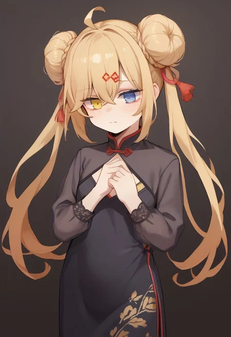 score_9, score_8_up, score_7_up, source_anime, BREAK
standing, blonde hair, heterochromia, blue eyes, yellow eyes, mg36china, double bun, twintails, hair ornament, black dress, china dress, ahoge,