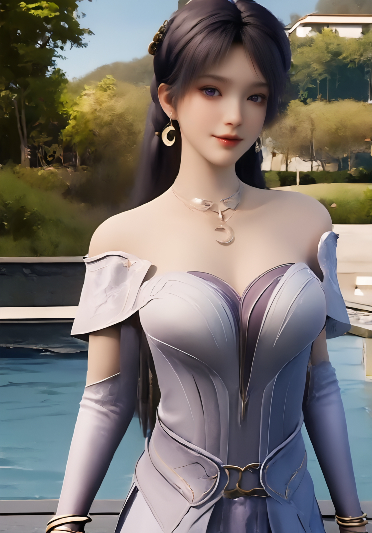 (cowboy_shot:1.5),upper_body,(,1girl, ,best quality, ),looking at viewer,ultra detailed 8k cg,ultra realistic 8k cg,cinematic bloom,luxury,jewelry,pearl,intricate detail,delicate pattern,charming,alluring,seductive,erotic,hair ornament,<lora:jiziyue_V1-000006:1>,necklace,earrings,bracelet,armlet,purple eyes,masterpiece,realistic,grove,leaning,bent_over,