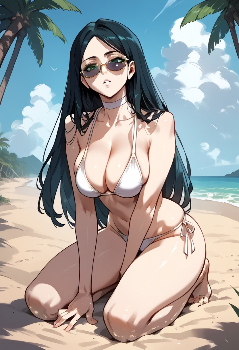 zPDXL3, score_9_up, score_8_up, score_7_up, (Anime_source), 1girl, ParkHejin, green eyes, black hair, long hair, looking at viewer, parted lips, kneeling, beach, sand, palm trees, bikini, white theme, cloudy, sunglasses