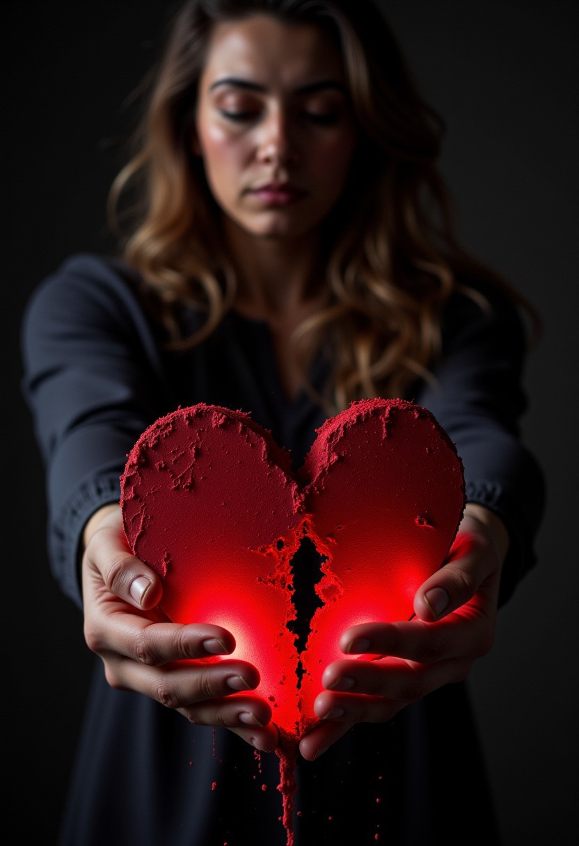 a woman holding a VibrantlySharp style. shattered heart in her hands, the heart is glowing red, while red sand drips through her fingers, she's look down at it forlornly