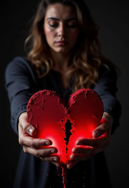 a woman holding a VibrantlySharp style. shattered heart in her hands, the heart is glowing red, while red sand drips through her fingers, she's look down at it forlornly
