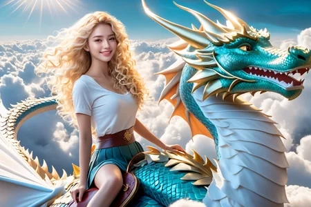 photograph of a girl with long blonde curly hair, smiling, casual outfit, (riding on a dragon), above the clouds, (masterpiece,best quality, ultra realistic), 32k,RAW photo,detail skin, 8k uhd, dslr,high quality