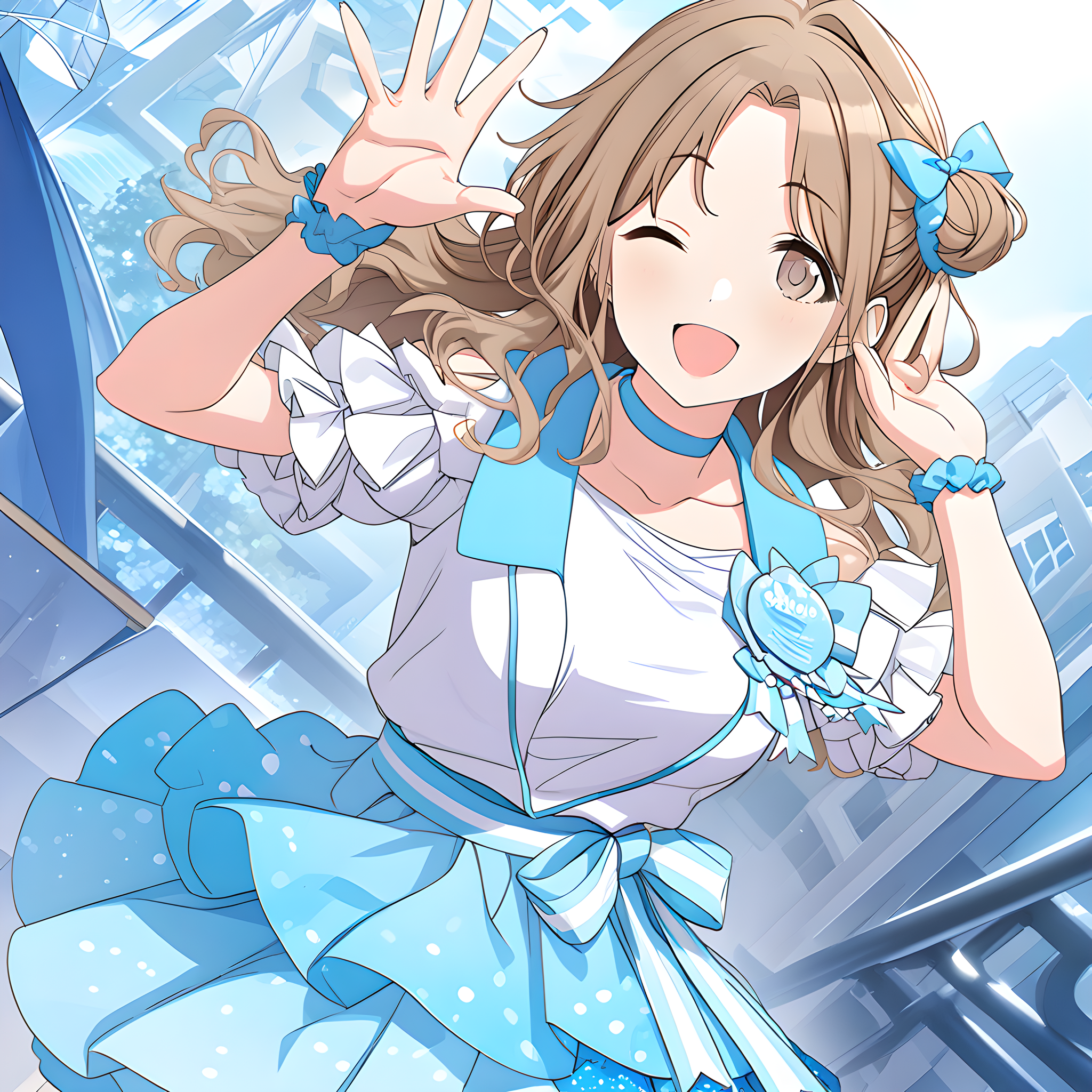 (masterpiece),(best quality),(ultra-detailed),(best illustration),(best shadow),(absurdres),(detailed background),(very aesthetic),
ichikawa_hinana, 1girl, one eye closed, solo, hair bun, single hair bun, brown hair, skirt, single side bun, looking at viewer, ribbon, brown eyes, hair ribbon, long hair, open mouth, white shirt, layered skirt, smile, blue skirt, ;d, short sleeves, shirt, idol, choker, noctchill
<lora:Ichikawa_Hinana:1>