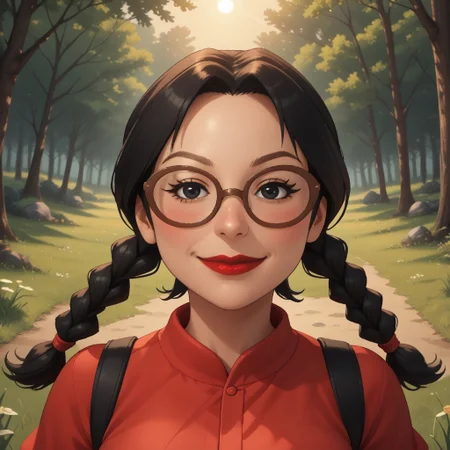 score_9, score_8, BREAK, solo, wii, mii, wii sports, 1girl, female mii, black hair, twin braids, black eyes, brown eyebrows, brown glasses, mole under mouth, blush, red lips, lipstick, red clothing, black pants, shoes, breasts, nintendo mii, modern_mii, classic_mii, Kiriko_(OC_Mii), cute, sexy pose, self portrait, smile, looking at viewer, outdoors, sunlight, shadows, evening lighting, natural lighting, forest, trees, grass, orange sky, sunset