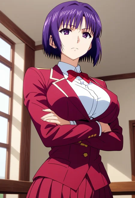 score_9_up, score_8_upscore_7_up, best quality, source_anime, masterpiece, highres, absurdres, official art, official style, anime screencap, anime coloring, megami magazine, anime, animated, best quality, karinyuuki, 1girl, solo, school uniform, breasts bow, purple eyes, jacket, huge breasts, bowtie, looking at viewer, shirt, red bow, red jacket, white shirt, red skirt, cowboy shot, thick thighs, crossed arms, arms under breasts,