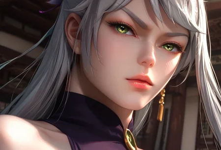 YeLiuli, green eyes, grey hair, long hair, single braid hair, martial art uniform, perfecteyes, hyper detailed, hyper realistic, score_9, score_8_up, score_7_up, 8k, best quality, high quality, natural lighting, intricate, soft warm lighting, realistic, hyper realistic, Ultra HD quality ,bedroom, standing, posing, from below, close-up,