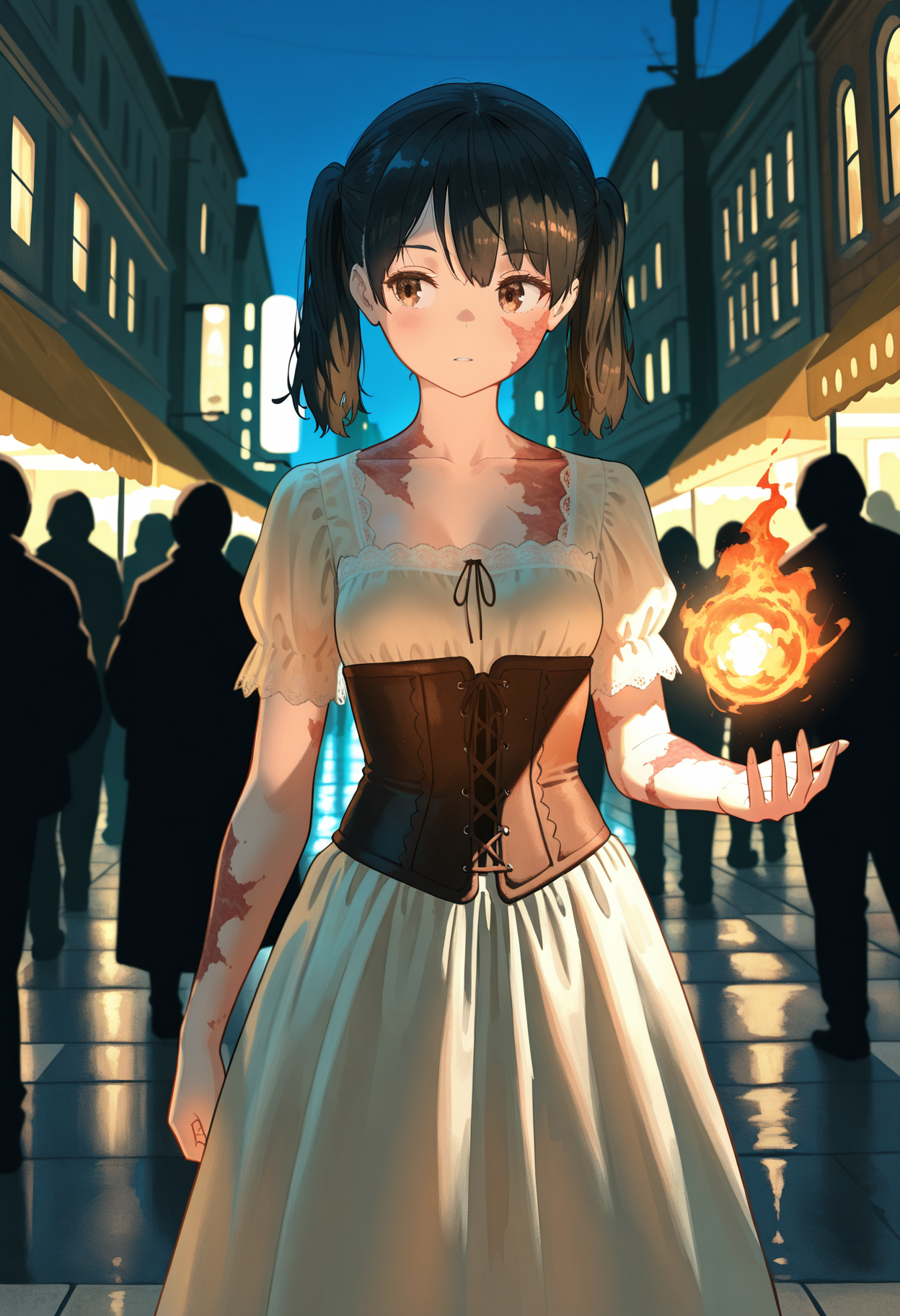 1girl, black hair, twintails, brown eyes, small lips , burn scar on arms, burn scar on face, small breasts,
medeival dress, sleeves dress, long dress, corset, lace,
cowboy shot, night, crowded street, one hand up, fireball, magic, front view, 
<lora:katajonytweetIL-style:1>, katajony tweet,,masterpiece,best quality,amazing quality,