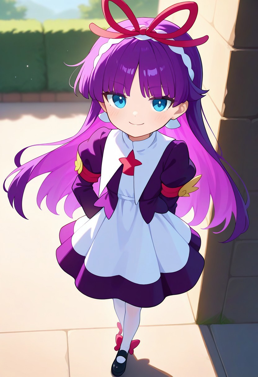 <lora:PFeli_SDXL_Illustrious01_fp16_ver01:1>,PFeli, 1girl, long hair,purple hair, pantyhose, dress,red ribbon, blue eyes, black footwear,long sleeves, red bow,hairband,smile,newest, masterpiece, best quality, very aesthetic, absurdres,<lora:detailed_hands:1>,hand