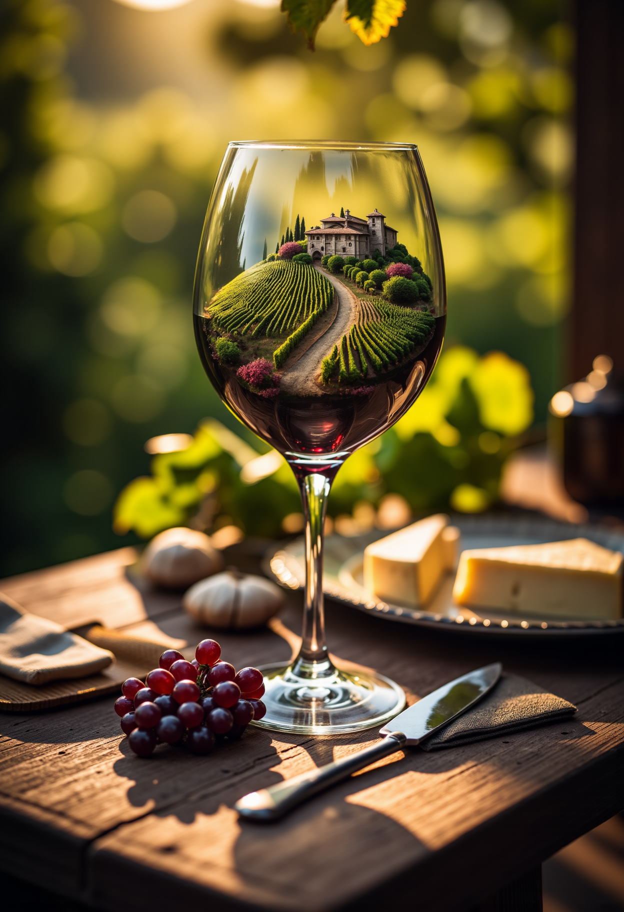 A close up detailed photo of a wine glass siting on a rustic table at a farmhouse in Tuscany, inside of the wine glass is another world and a miniature vineyard and Tuscan villa, on the table next to the glass are some grapes an ornate plate a (straight knife) a cloth napkin and some cheese, aidmaHyperrealism, <lora:aidmaHyperrealismv0.3:0.8> <lora:FluxDFaeTasticDetails:0.8>