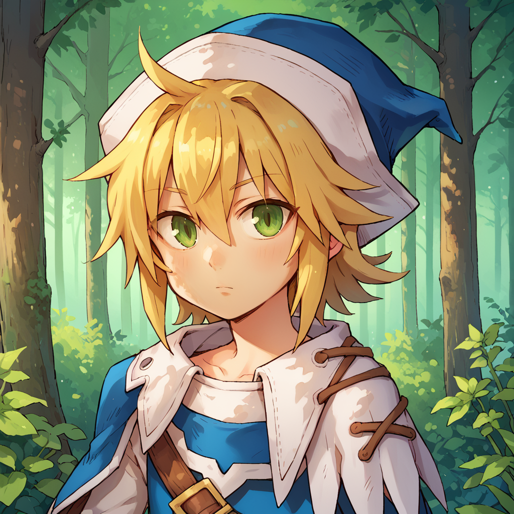 score_9, score_8_up, score_7_up, score_6_up, source_anime, BREAK, <lora:Cruz:0.9> , crdef, green eyes, blonde hair, medium hair, hat, blue headwear, asymmetrical clothes, cross-laced clothes, side cape, white side cape, (face, close-up), solo, looking at viewer, exterior, forest, flat chest,  <lora:backgroundsetXL:0.2> , background,  <lora:1g0rXLP:0.6> , 1g0r,