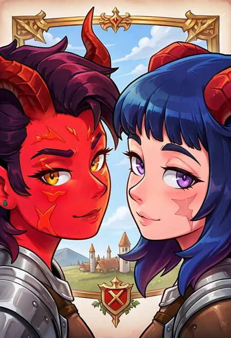 eye contact, looking at viewer, traditional art, DC, tiefling woman, demon horns, red skin, cute face, attractive face, pretty face, medieval, knight lady,  upper body portrait, scar over left eye,cyan background,