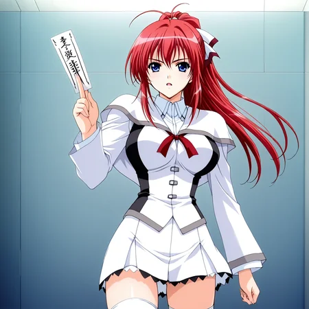 shiratori mikoto, school uniform, white short capelet, 1girl, solo, long hair, blue eyes, white fitted skirt, thighhighs, ponytail, red hair, high resolution, cowboy shot, looking on viewer, large breast, (white thight sleeves), (red ribbon tie under capelet), slender body, young-adult, seo kouji, open mouth, adorable, cute girl, ahoge, serious pose, holding talisman, more detail,<lora:shiratori_mikoto_iny_ills:1>,<lora:Add_more_details_pony:0.8> open mouth, climax,