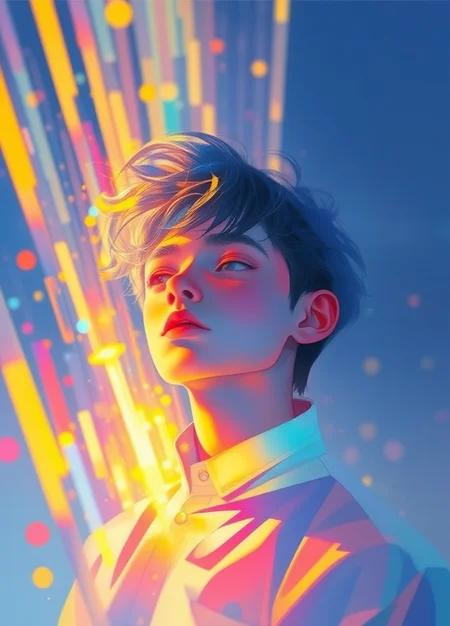 a boy with high saturate color tone
a digital ethereal quality image, healing atomosphere
it is a vibrant, dreamy, whimsical and clear masterpiece full of details and high quality creating a serene and peaceful scene with glistening lights.