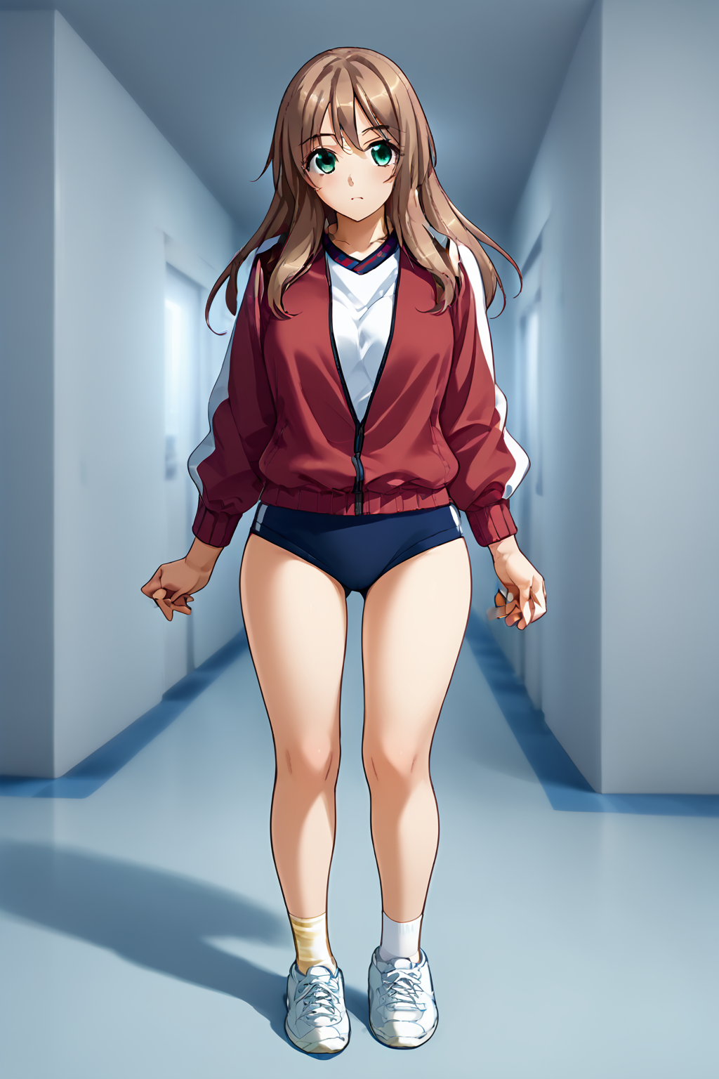 score_9, score_8_up, score_7_up,source_anime,full body, ,zPDXL3, <lora:Nomiya_Nanako:.8>NomiyaNanako, 1girl,  long hair, green eyes,  brown hair,narrow waist,
socks,sneakers, gym uniform, red track jacket,  blue buruma,open jacket,