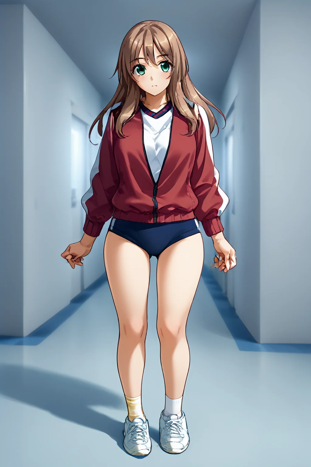 score_9, score_8_up, score_7_up,source_anime,full body, ,zPDXL3, <lora:Nomiya_Nanako:.8>NomiyaNanako, 1girl, long hair, green eyes, brown hair,narrow waist,
socks,sneakers, gym uniform, red track jacket, blue buruma,open jacket,