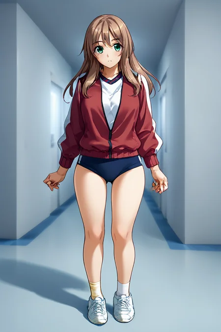 score_9, score_8_up, score_7_up,source_anime,full body, ,zPDXL3, <lora:Nomiya_Nanako:.8>NomiyaNanako, 1girl,  long hair, green eyes,  brown hair,narrow waist,
socks,sneakers, gym uniform, red track jacket,  blue buruma,open jacket,