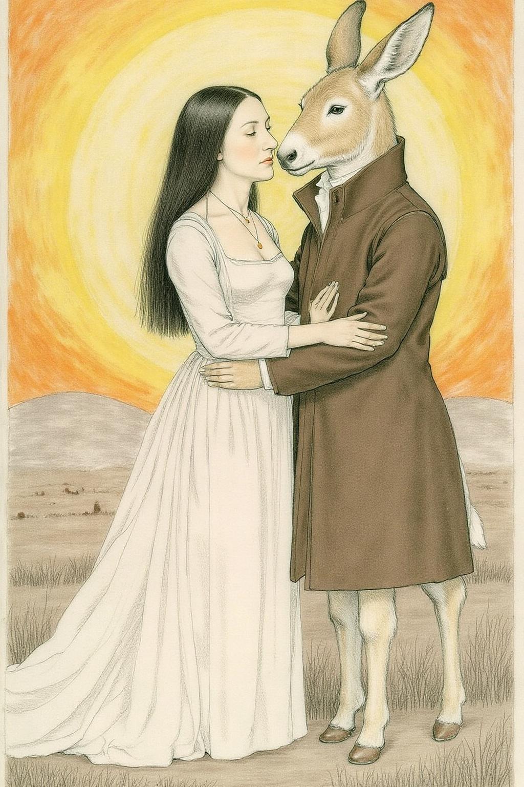 hansho1 monochromatic pencil drawing,
A surreal, dreamlike scene with a woman and an anthropomorphic donkey embracing. The woman, with long, straight, dark hair, is dressed in a flowing white gown, symbolizing purity and innocence. She has a serene expression, with her eyes closed. The anthropomorphic donkey, is dressed in a dark brown coat, his face blending into the deer's body. He has a gentle, almost protective expression. They are standing in a stylized, abstract landscape. The background features a vibrant, swirling pattern of yellows and oranges, suggesting a sunset or a dreamy sky.  <lora:hansho2_nocap_d6a3e12:1.0><lora:817332276711932321:0>