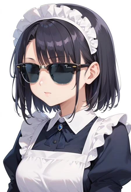score_9, score_8_up, score_7_up, rating_safe, masterpiece, best quality, absurdres, unity 8k wallpaper, official art, official style, source_anime, uncensored, game cg, megami magazine,
1girl, solo, black hair, medium hair, upper body, covered eyes,maid, maid headdress, black dress, maid apron,
sirmont, sunglasses, white background, simple background, reflection, glasses, english text, black-framed eyewear, grey-framed eyewear, two-tone eyewear, covered eyes,
<lora:glasses_clubmaster_PONY_V1:1>