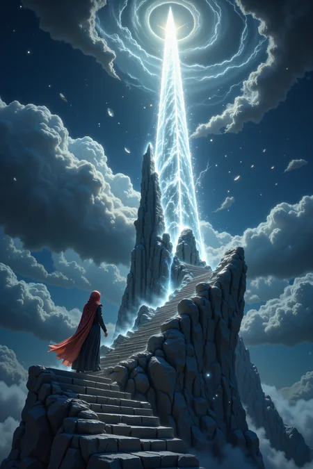 A radiant, crystal-studded tower rises high into the sky, its peak shrouded in swirling storm clouds. At its base, a narrow staircase winds around the tower, its steps worn smooth from ages of use. A robed figure ascends the stairs, their silhouette stark against the darkening sky. The figureâs cloak trails behind them, occasionally catching the light of floating shards that orbit the tower like tiny moons. As they climb, the air around them crackles with the faint hum of arcane energy, and the distant sound of an approaching storm rumbles on the horizon.<lora:PinkieEnchantedMJFLUX:0.7><lora:aidmaImageUpgrader-FLUX-V0.2:0.5><lora:aidmaMJ6.1-FLUX-v0.4:0.6>