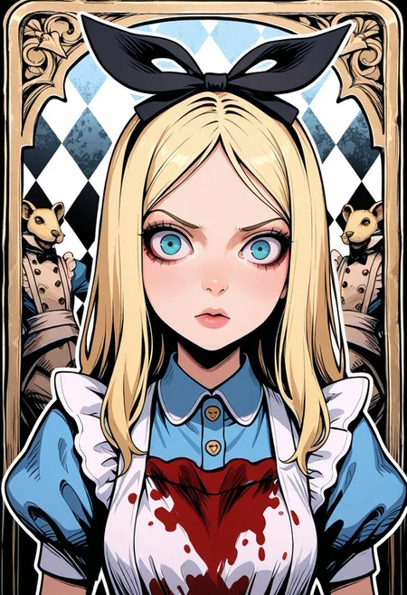 MASTERPIECE, AMAZING QUALITY, PORTRAIT, PAPER CUTOUT, 1GIRL, ALICE IN WONDERLAND, 1DARK, BLOODY DRESS,