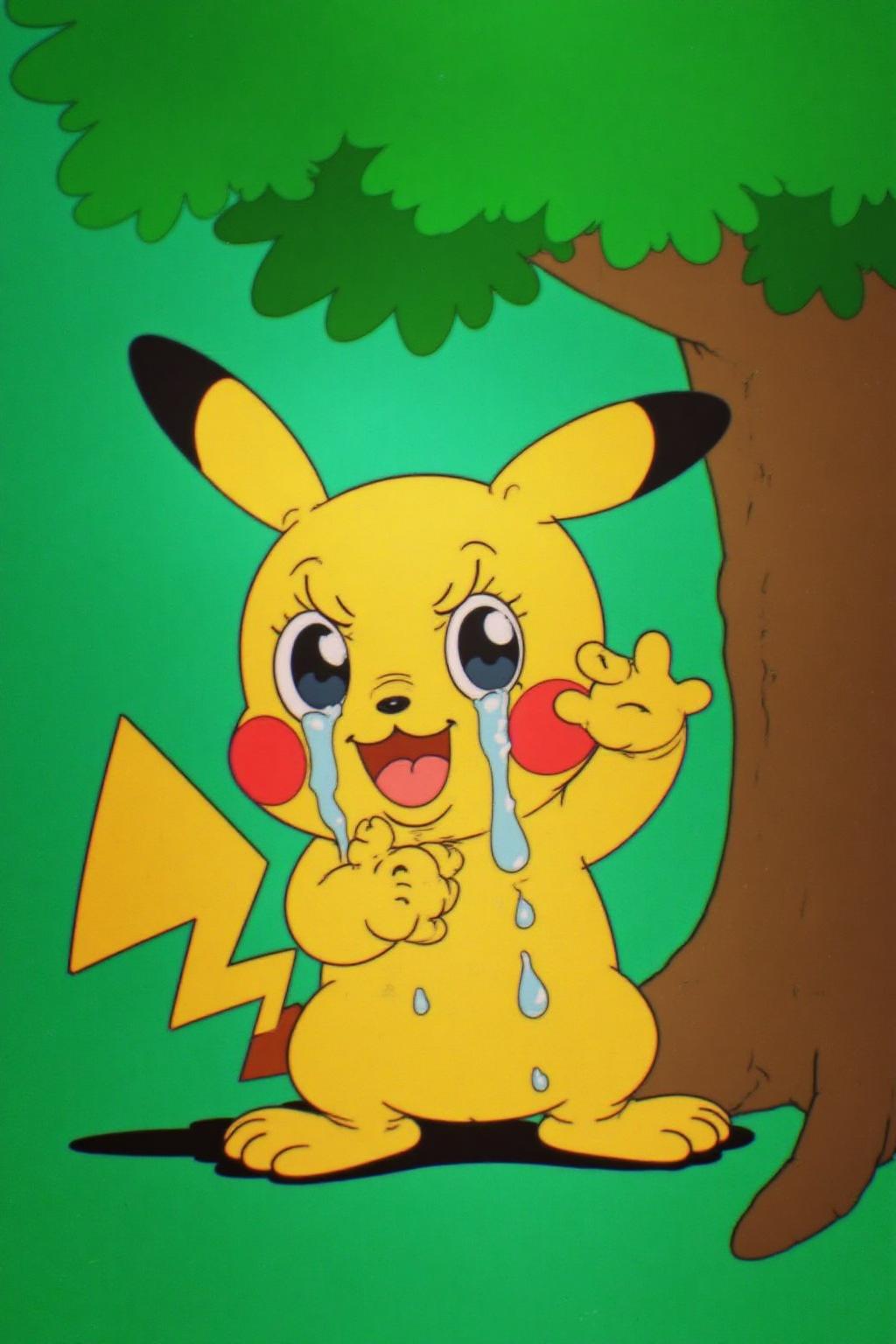 rubber hose animation style.
Pikachu crying, large tear drops on his face, under a green tree
 <lora:rubberhose1_cap_d8a4:1.0><lora:844434168889840695:0>