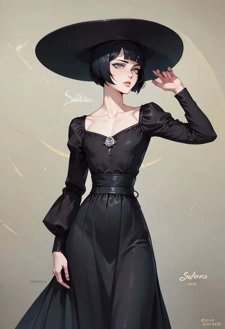 score_9, score_8_up, score_7_up, 1boy, femboy, otoko no ko, short hair, bob cut hair, black hair, grey eyes, gray eyes, feminine face, toned body, Shelly, 1930s fashion style, vintage, black dress, long dress, long sleeves, black headwear, collarbone, highly detailed, intricate, zzCitronCAT, pose, modelshoot