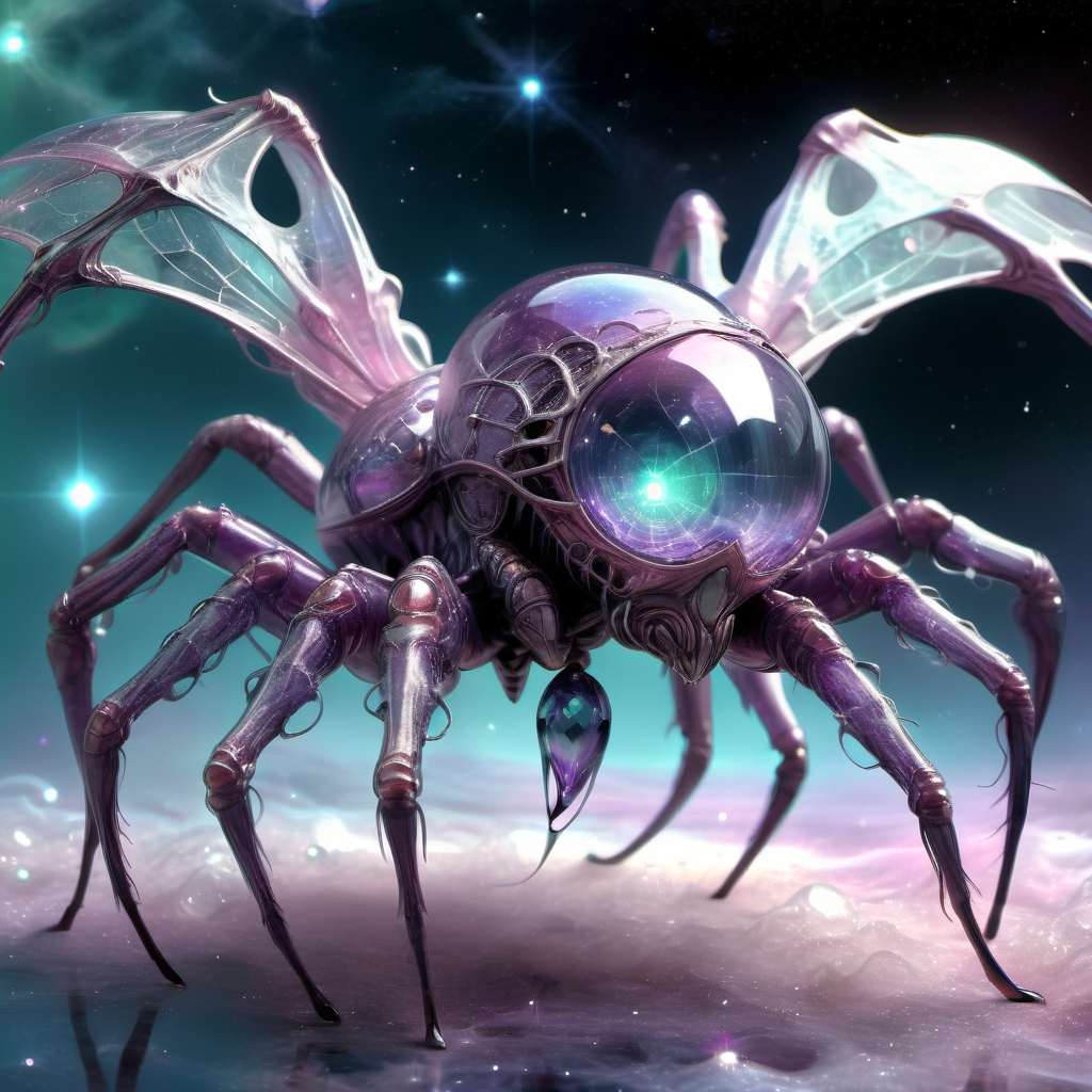 ((best quality)), ((masterpiece)), ((realistic,digital art)), (hyper detailed),DonMC3l3st14l3xpl0r3rsXL  Large Ethereal Webbed Serene Arachnid, Quadrupedal Bimanual, Unguligrade Appendages, Quadrifurcated-Tailed, Bushy-Tailed, Hairy Fur,  Demonic Wings,, tech, scifi, futuristic , 8K, HDR,  <lora:DonMC3l3st14l3xpl0r3rsXL-000007:1>