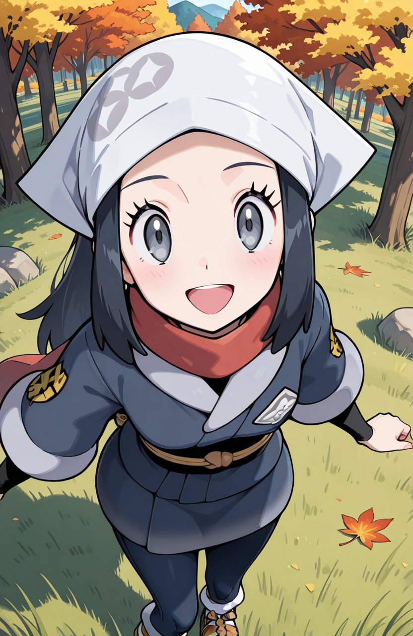 masterpiece, best quality, newest, (sugimori ken \(style\):0.5), pokemon screencap, 1girl, <lora:Akari_-_Pokemon_Illustrious:1>, akari, grey eyes, eyelashes, black hair, long hair, head scarf, galaxy expedition team survey corps uniform, scarf, white headwear, pantyhose, sidelocks, jacket, red scarf, sash, skirt, perfect eyes, breast, shiny skin, smile, open mouth, looking at viewer, grass plain, autumn, trees, forest, scenery, erotic, from above, dynamic angle, perfect anatomy