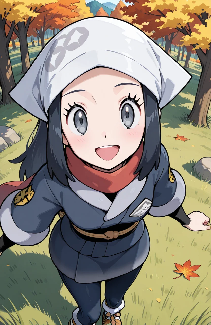 masterpiece, best quality, newest, (sugimori ken \(style\):0.5), pokemon screencap, 1girl, <lora:Akari_-_Pokemon_Illustrious:1>, akari, grey eyes, eyelashes, black hair, long hair, head scarf, galaxy expedition team survey corps uniform, scarf, white headwear, pantyhose, sidelocks, jacket, red scarf, sash, skirt, perfect eyes, breast, shiny skin, smile, open mouth, looking at viewer, grass plain, autumn, trees, forest, scenery, erotic, from above, dynamic angle, perfect anatomy