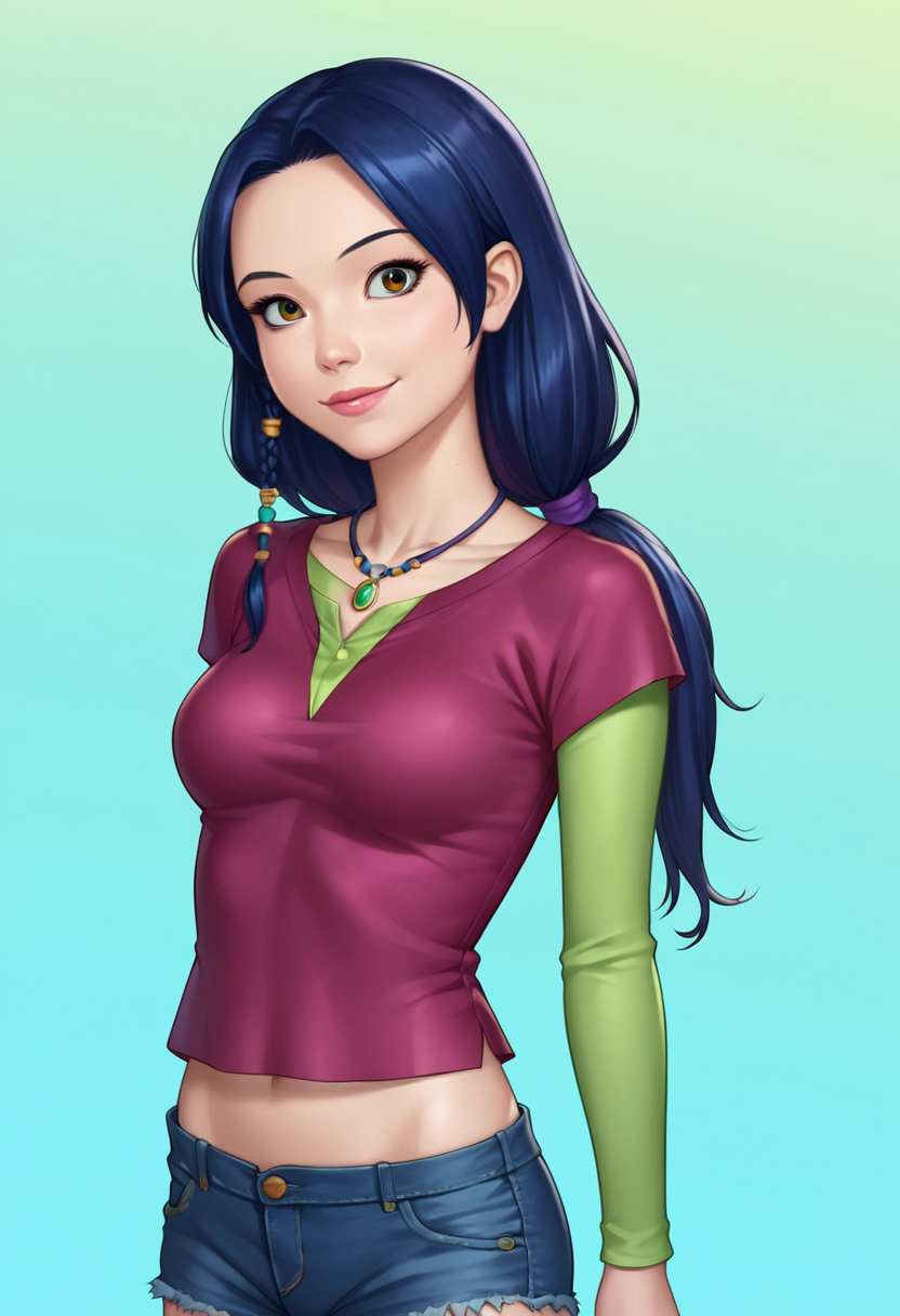 score_9, score_8_up, score_7_up, score_6_up, anime, source_anime, 1girl, solo, Lucinda_the_witch, detailed eyes, perfect face, perfect eyes, beautiful eyes, petite body, standing, arms behind back, posing, light smile, simple background, dynamic angle, t-shirt, jean shorts