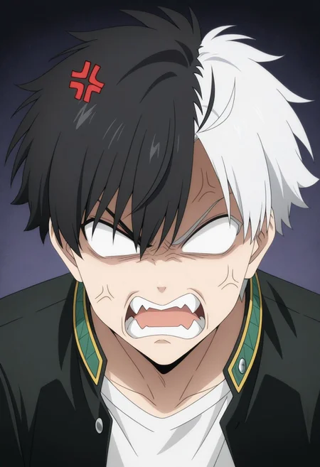 masterpiece,best quality,amazing quality, source_anime,
sakuharuka, 1boy, male focus, solo, blank eyes, split-color hair, black hair, white hair, school uniform, jacket, black jacket, open jacket, shirt, white shirt, angry, fangs, anger vein, parody,