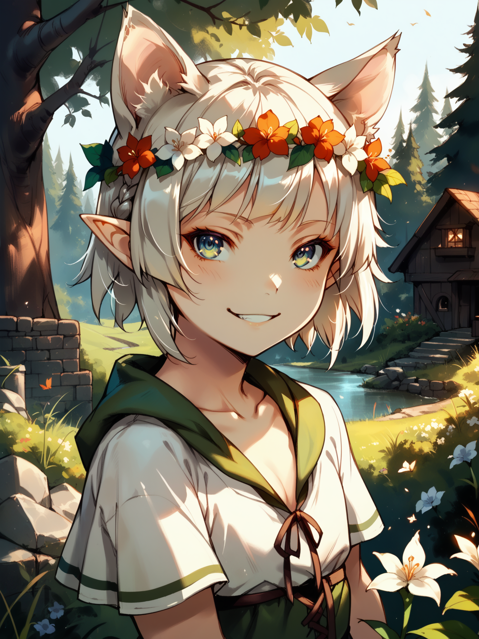 (, solo:1.1) <lora:happy_tentacle-elin-v0.2-000028:1>, ht_elin, flat chest, animal ears (petite:1.2), <lora:Shed_The_Skin's StS_age_slider_v1_initial_release:-1.2> ( :1.1) ( , , ( :1.2) , seductive smile , (looking at viewer:0.6) :1.2) , outdoors, vegetation, (overgrown :1.1), , (dusk :0.6), , (:0.5), , (medieval :0.8), (forest:1.2), building, elf, pointy ears, braid, head wreath, flower ornament ( :0.8) score_9, score_8_up, score_7_up, score_6_up, score_5_up, score_4_up, ( [(realistic, photorealistic:1.3):(realistic:1.2):16] [(3d:1.2)::12] :1) <lora:LUUNA's Lunas-NijiJourney-SDXL-B2:0.35>, nijijourney <lora:prgfrg23's Counterfeit-V3.0 Style SDXL_LoRA_Pony Diffusion V6 XL:0.5> <lora:mfcg's mfcgXL:0.12> <lora:reweik's gyokai(himehajime)_PonyXL_style_v01:0.14>